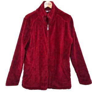 Jason Maxwell Womens PL Cranberry Red Fleece Zip-Up Jacket W/ Polka‎ Dot Texture
